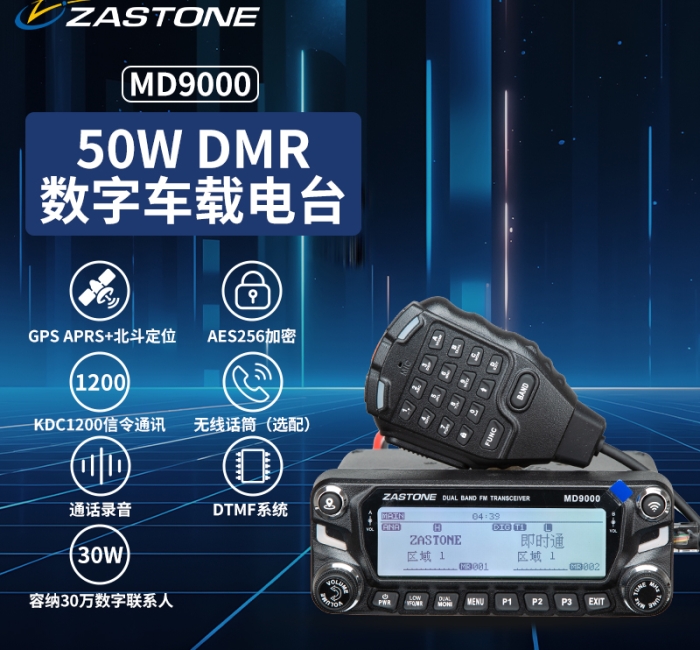ZASTONE 即时通MD9000 DMR数字车载电台 APRS定位 内置无线话筒模块 AES256加密 DC1200信令